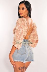 Nude Palm Print Long Sleeve Lace Up Back Crop Top sold by Hot Miami Styles