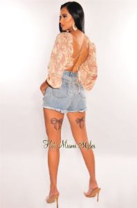 Nude Palm Print Long Sleeve Lace Up Back Crop Top sold by Hot Miami Styles