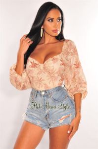 Nude Palm Print Long Sleeve Lace Up Back Crop Top sold by Hot Miami Styles