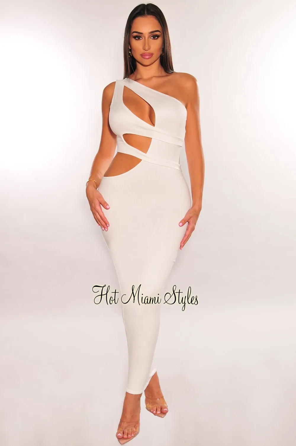 White One Shoulder Cut Out Midi Dress sold by Hot Miami Styles