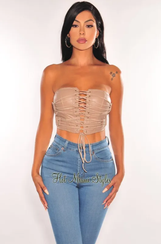 Taupe Faux Leather Boned Lace Up Bustier Top sold by Hot Miami Styles