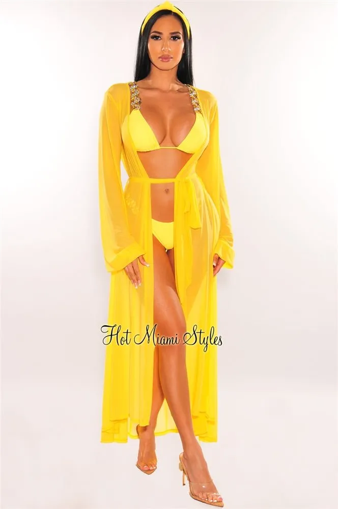 Yellow Mesh Long Sleeves Belted Maxi Cover Up sold by Hot Miami Styles