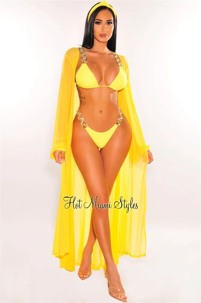 Yellow Mesh Long Sleeves Belted Maxi Cover Up sold by Hot Miami Styles product image thumbnail 2