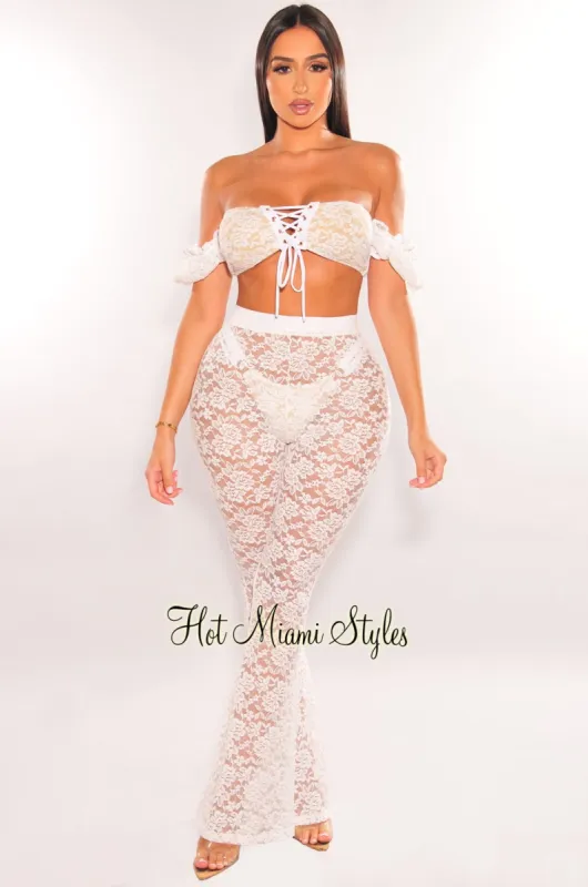 White Floral Lace Sheer High Waist Flare Cover Up Pants sold by Hot Miami Styles