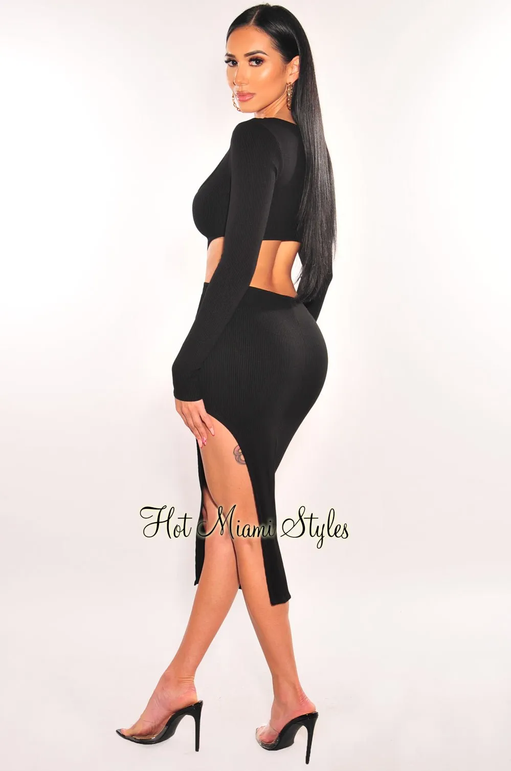 Black Ribbed Round Neck Cut Out Long Sleeve Slit Dress sold by Hot Miami Styles product image thumbnail 2
