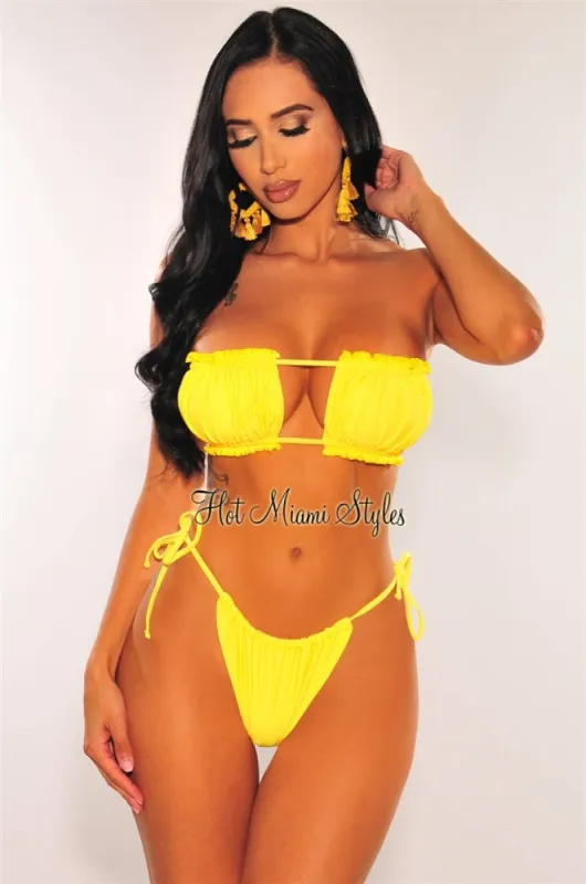 Yellow Ruched Bust Frill Padded Bandeau Bikini Top sold by Hot Miami Styles