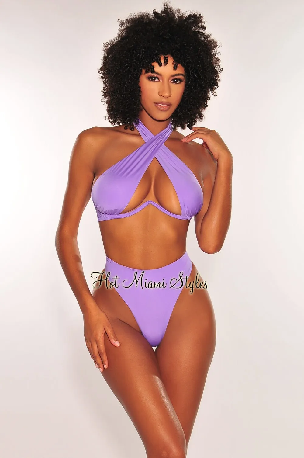 Purple Halter Underwire CrissCross Tie Up Scrunch Butt Bikini Bottom sold by Hot Miami Styles