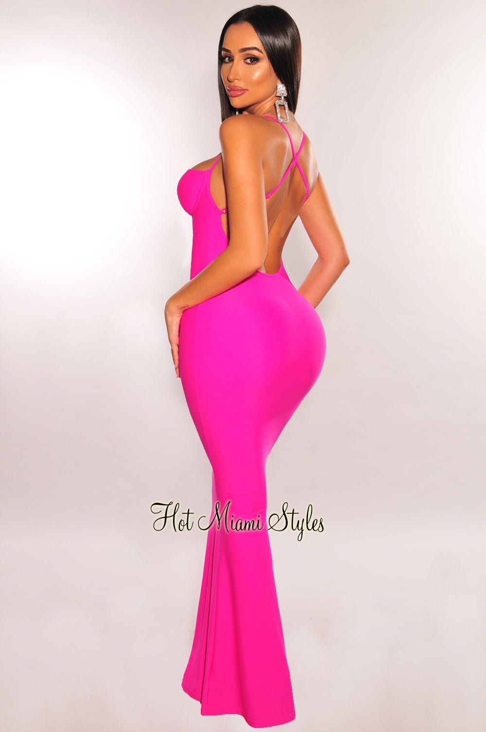 Hot Pink Underwire Spaghetti Strap Criss Cross Back Mermaid Gown sold by Hot Miami Styles product image thumbnail 2