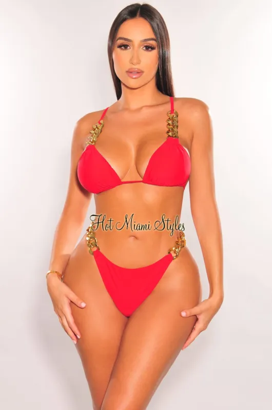 Red Gold Chain Scrunch Butt Bikini Bottom sold by Hot Miami Styles