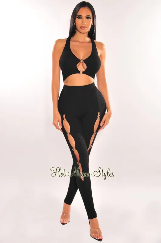 Black Ribbed Silver O-Ring Cut Out Pants Two Piece Set made by Hot Miami Styles