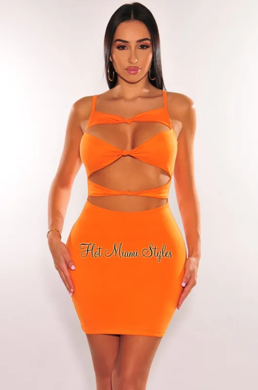 Tangerine Spaghetti Straps Knotted Cut Out Mini Dress sold by Hot Miami Styles