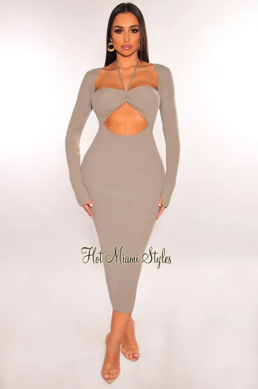 Light Gray Ribbed Long Sleeve Cut Out Dress sold by Hot Miami Styles