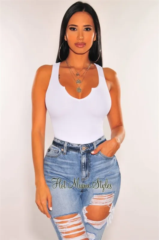 HMS Essential: White V Neck Seamless Ribbed Tank Top sold by Hot Miami Styles