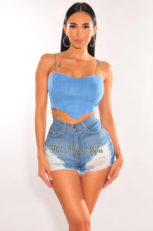 Baby Blue Elastic Straps Bustier Curved Hem Crop Top sold by Hot Miami Styles