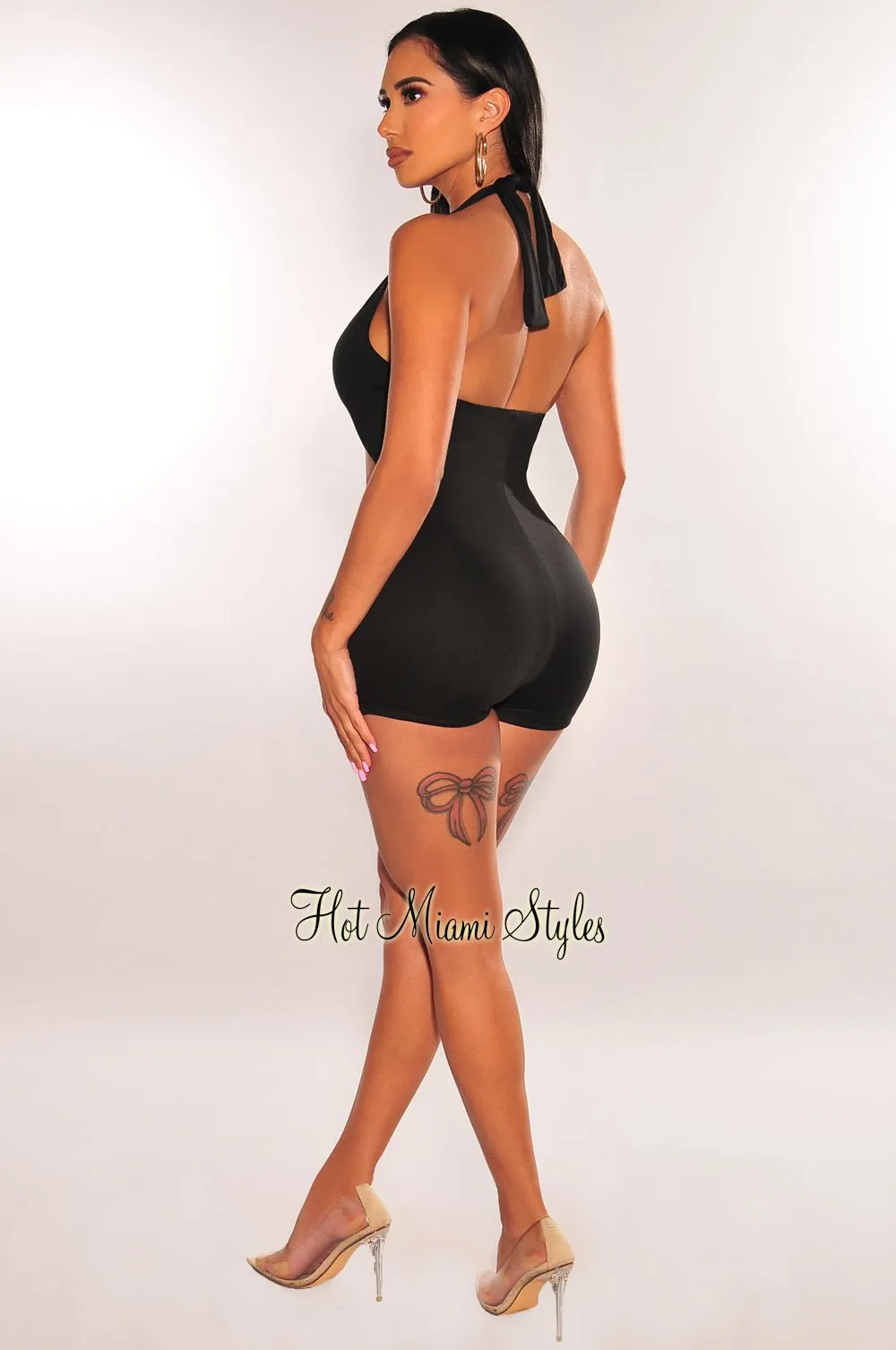 Black Halter V Neck Cut Out Romper sold by Hot Miami Styles product image thumbnail 4