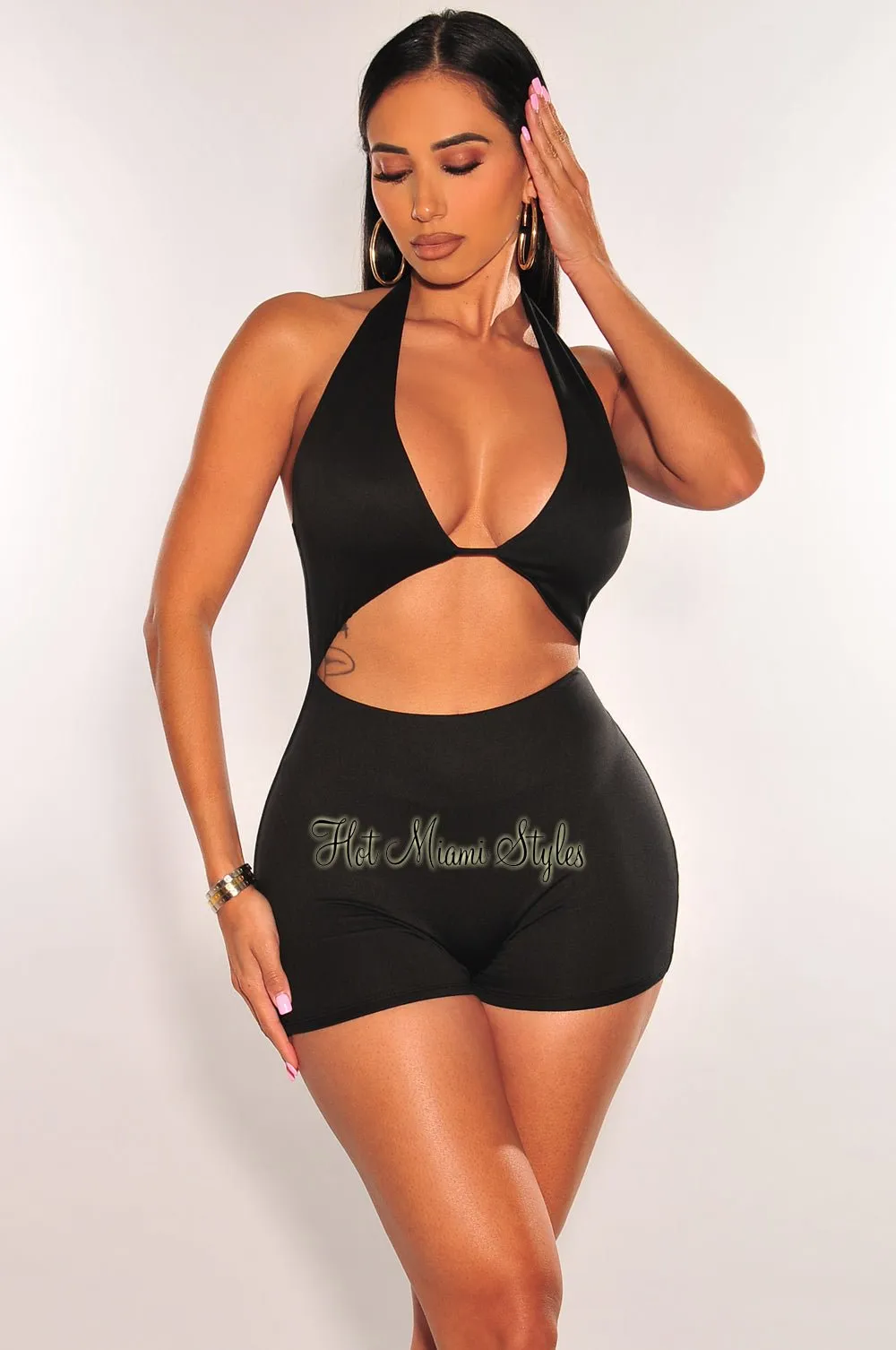 Black Halter V Neck Cut Out Romper sold by Hot Miami Styles