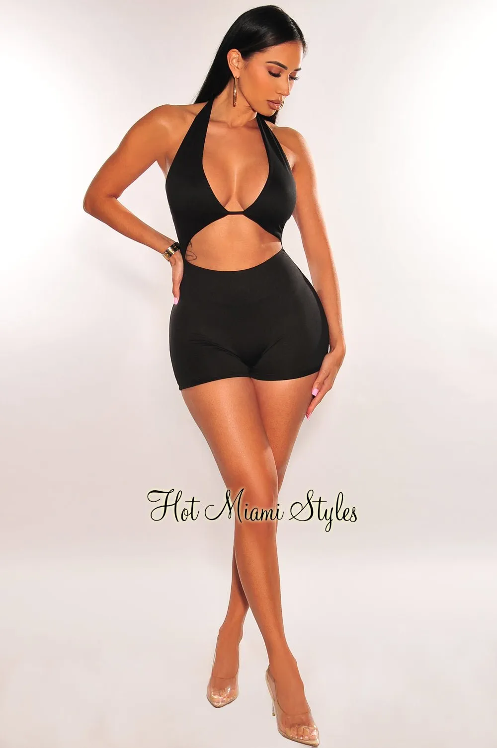 Black Halter V Neck Cut Out Romper sold by Hot Miami Styles product image thumbnail 3