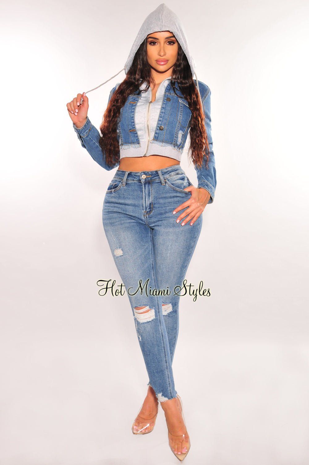 Blue Denim Distressed Layered Gray Zipper Hooded Cropped Jacket sold by Hot Miami Styles product image thumbnail 3