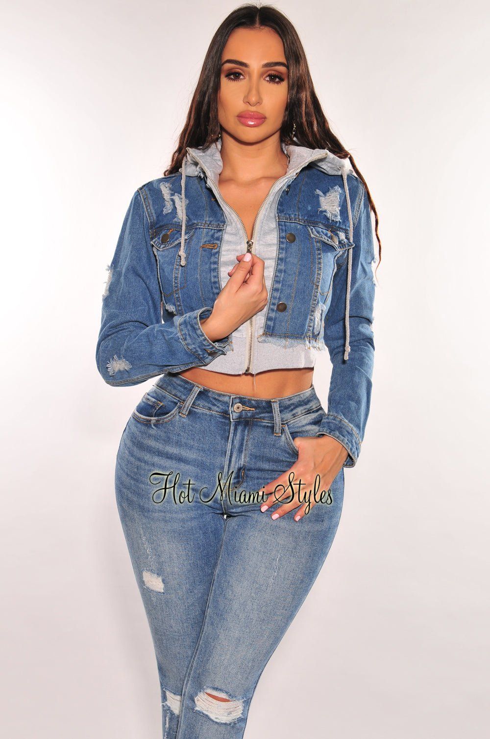 Blue Denim Distressed Layered Gray Zipper Hooded Cropped Jacket sold by Hot Miami Styles