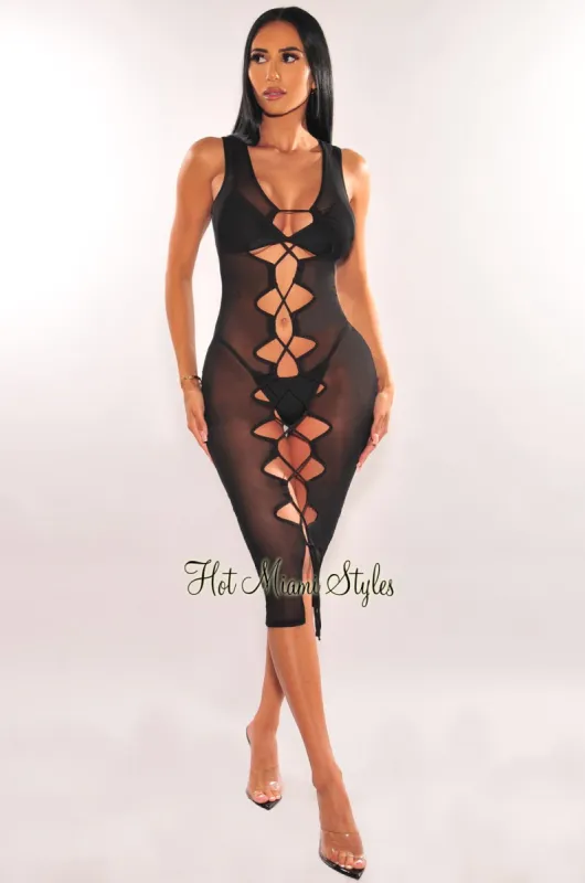 Black Mesh Sheer Lace Up Sleeveless Cover Up Dress sold by Hot Miami Styles