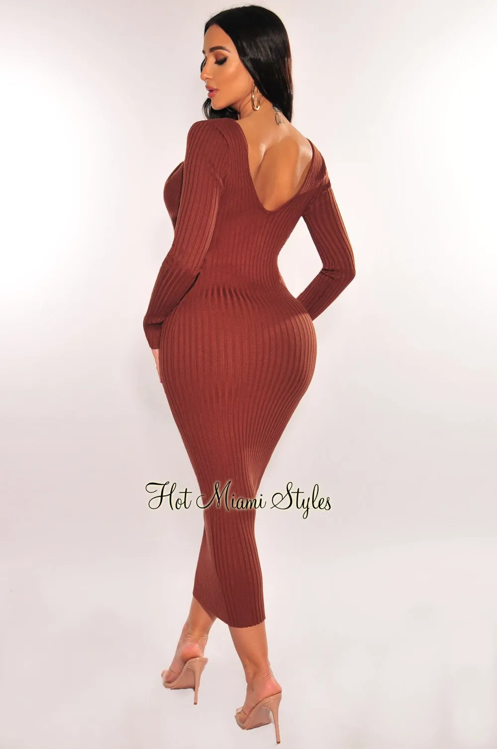 Chocolate Ribbed Knit Plunge Neck Long Sleeve Midi Dress + Bralette sold by Hot Miami Styles product image thumbnail 2