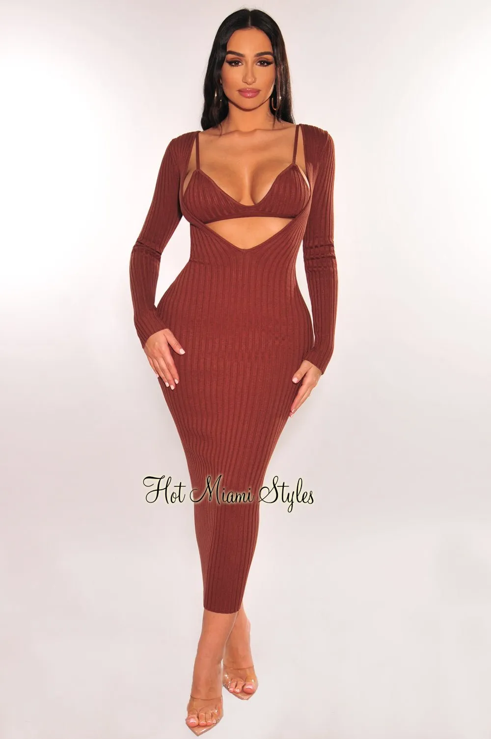 Chocolate Ribbed Knit Plunge Neck Long Sleeve Midi Dress + Bralette sold by Hot Miami Styles