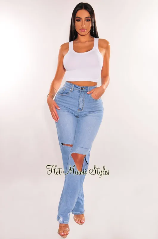 Light Denim High Waist Destroyed Wide Leg Jeans sold by Hot Miami Styles
