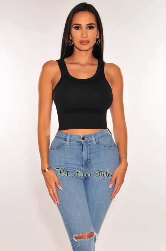 HMS ESSENTIAL: Black Ribbed Seamless Sleeveless Crop Top sold by Hot Miami Styles