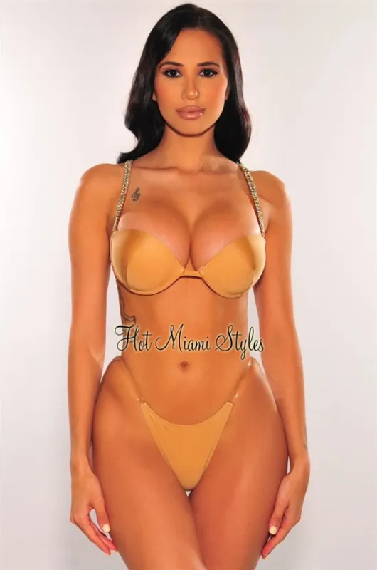 Champagne Rhinestone Padded Clear Straps Scrunch Butt Bikini Bottom sold by Hot Miami Styles