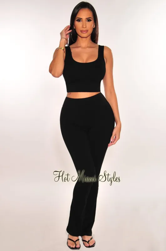 Black Ribbed Sleeveless Tank Flare Pants Two Piece Set sold by Hot Miami Styles