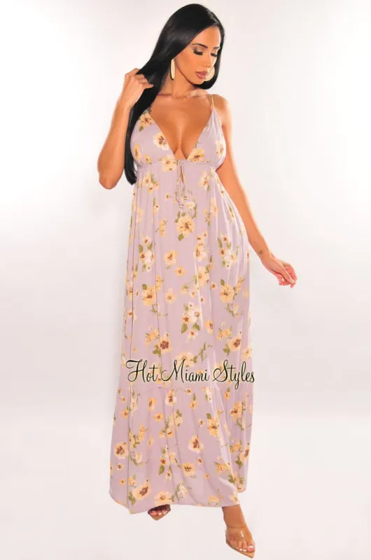Dusty Lilac Floral Print Spaghetti Straps V Neck Maxi Dress sold by Hot Miami Styles