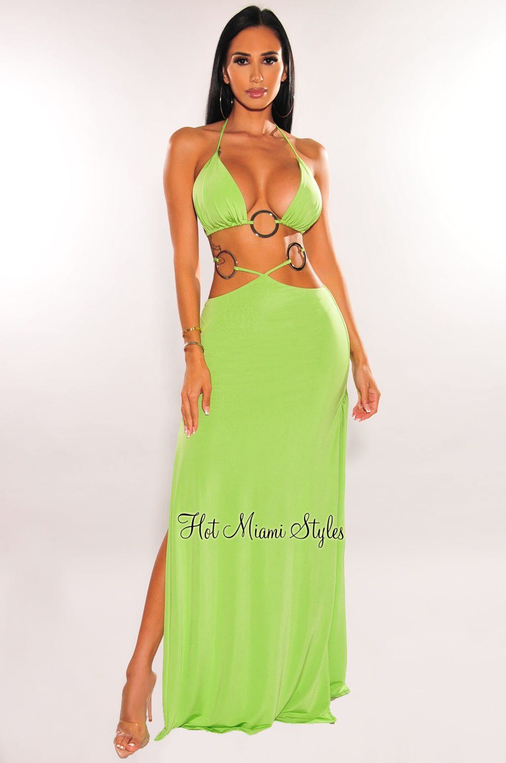 Lime Halter Silver O-Ring Strappy Double Slit Maxi Skirt Two Piece Set sold by Hot Miami Styles