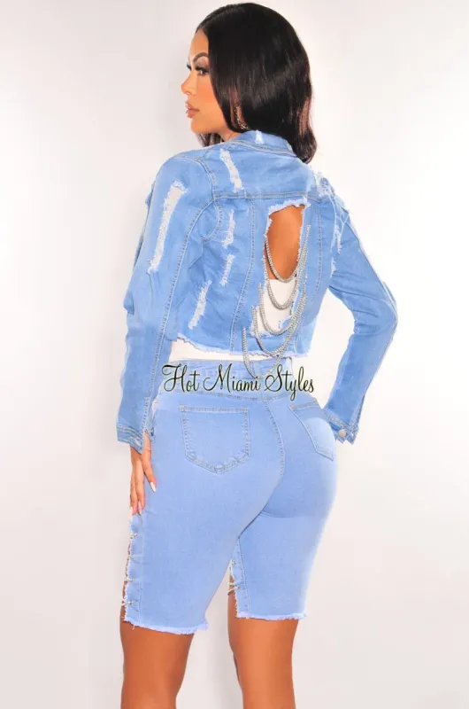 Light Denim Collared Destroyed Silver Chain Long Sleeve Jacket sold by Hot Miami Styles