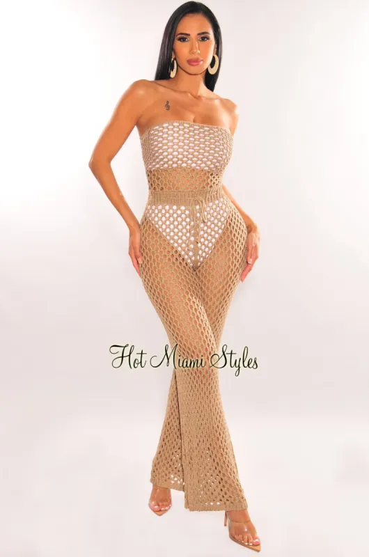 Mocha Crochet Strapless Lace Up Belted Palazzo Cover Up Jumpsuit sold by Hot Miami Styles