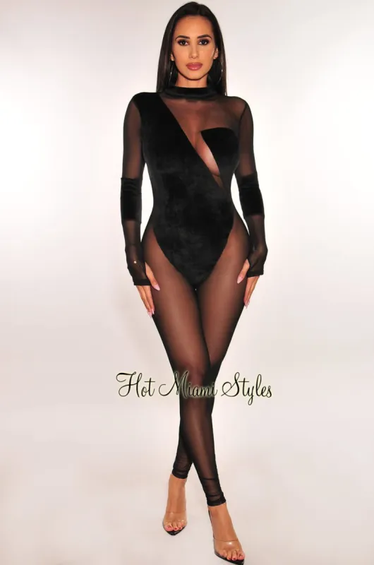 Black Velvet Sheer Round Neck Long Sleeve Jumpsuit sold by Hot Miami Styles