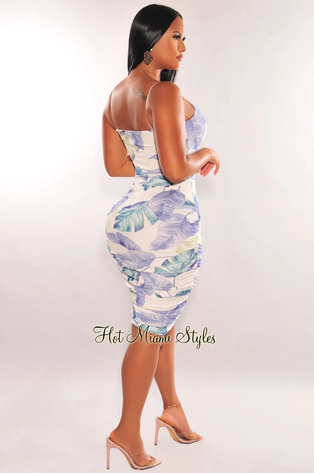 White Blue Green Floral Print Elastic Straps Ruched Dress sold by Hot Miami Styles product image thumbnail 2