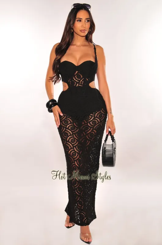 Black Crochet Spaghetti Strap Padded Boned Underwire Cut Out Maxi Dress sold by Hot Miami Styles