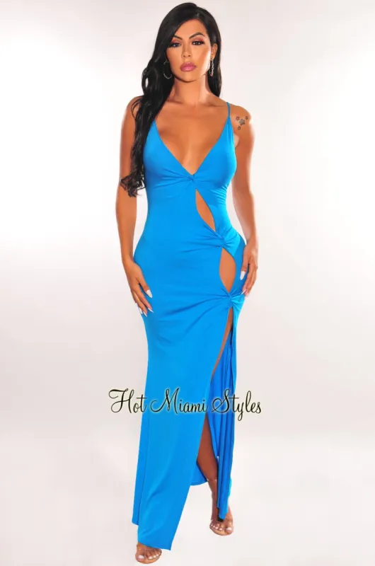 Blue Spaghetti Straps Knotted Cut Out Slit Maxi Dress sold by Hot Miami Styles
