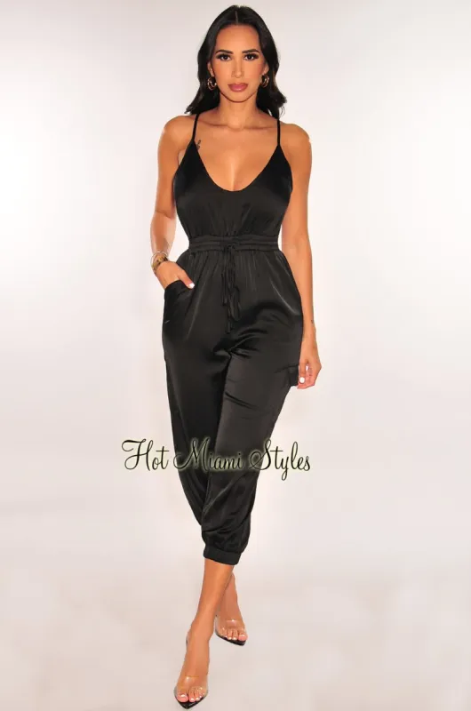 Black Satin Spaghetti Strap Snatched Jumpsuit sold by Hot Miami Styles