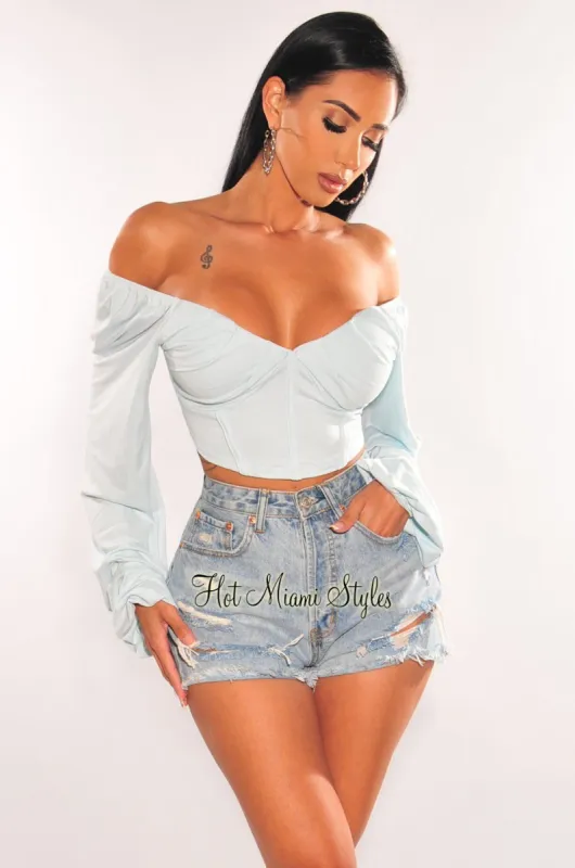 Baby Blue Long Sleeve Lace Up Back Bustier Crop Top sold by Hot Miami Styles