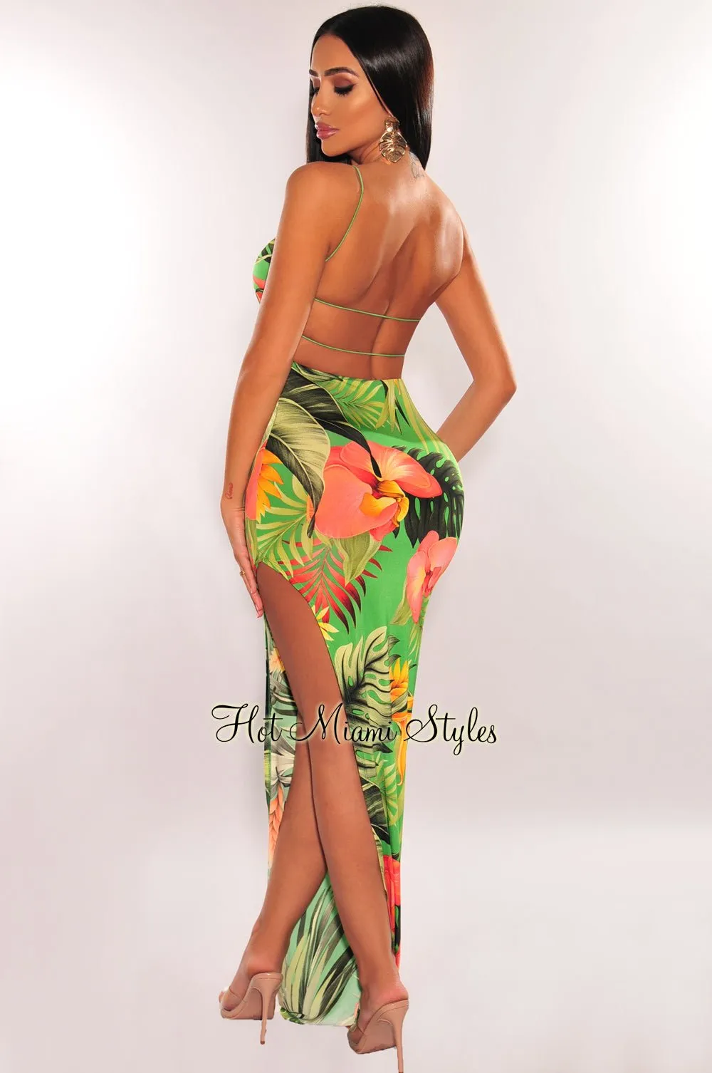 Green Tropical Print Spaghetti Straps Elastic Strappy Back Slit Maxi Dress sold by Hot Miami Styles