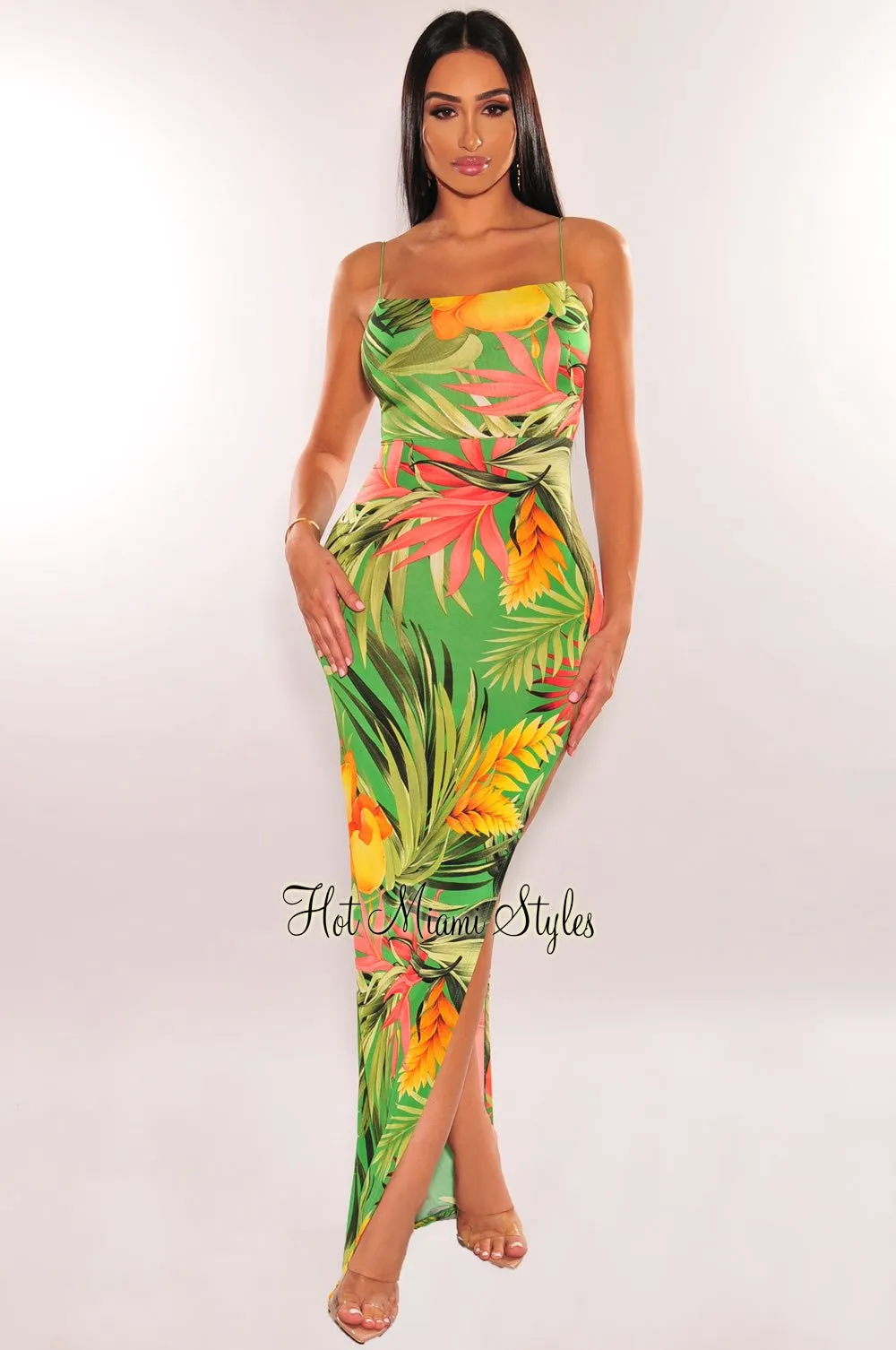 Green Tropical Print Spaghetti Straps Elastic Strappy Back Slit Maxi Dress sold by Hot Miami Styles product image thumbnail 2