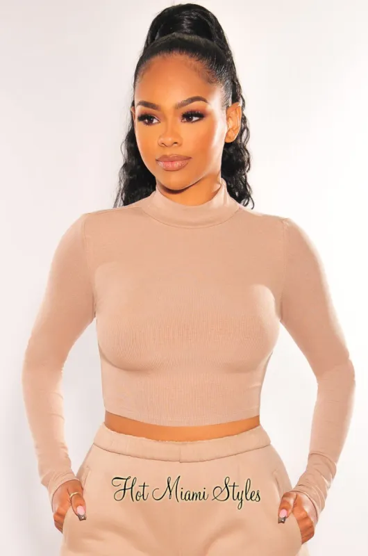 HMS Essential: Taupe Ribbed Mock Neck Long Sleeve Crop Top sold by Hot Miami Styles