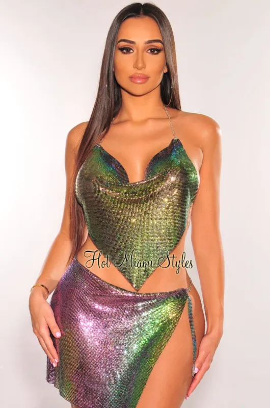 Mermaid Metallic Chainmail Halter V Hem Crop Top sold by Hot Miami Styles