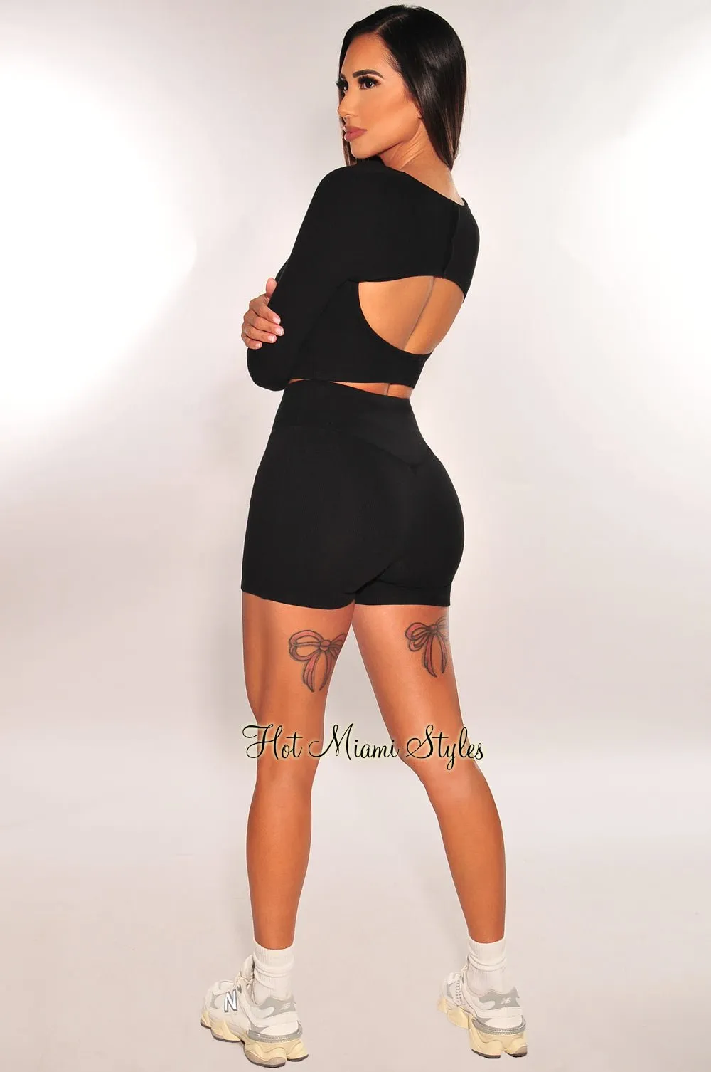 Black Ribbed Shrug Cropped Tank Top Short Three Piece Set sold by Hot Miami Styles product image thumbnail 4