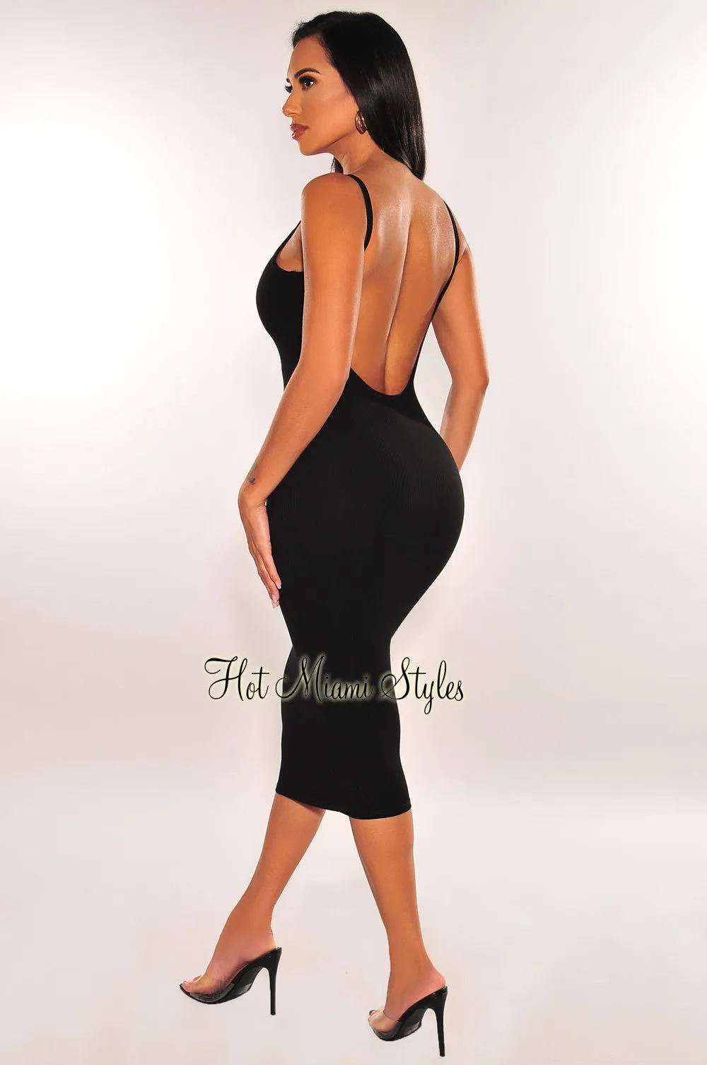 Black Ribbed Knit Spaghetti Straps Scoop Back Midi Dress sold by Hot Miami Styles