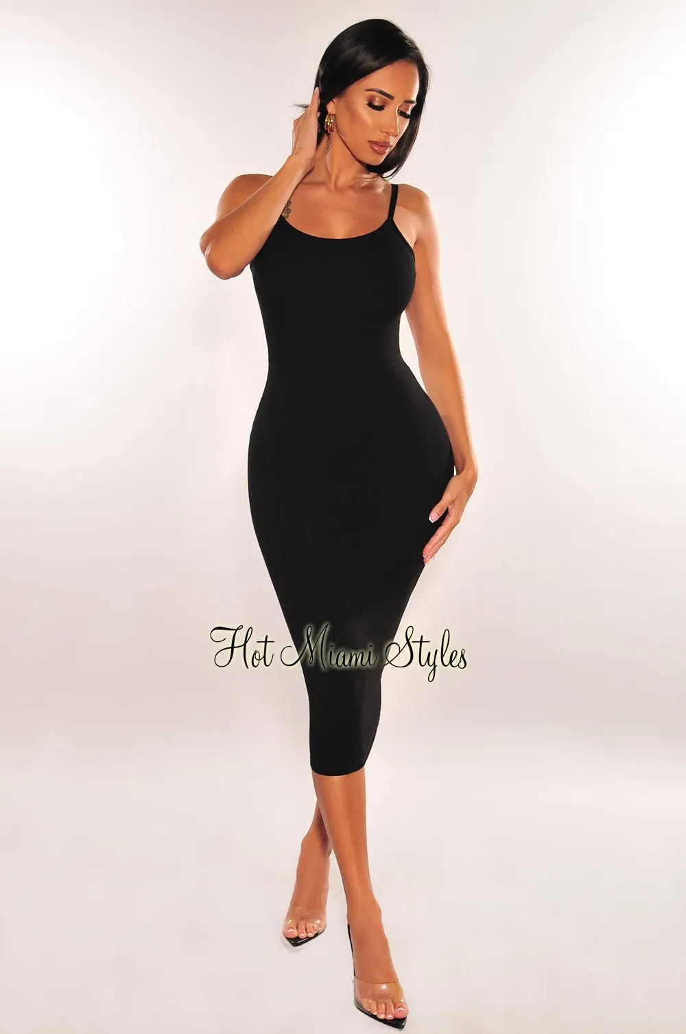 Black Ribbed Knit Spaghetti Straps Scoop Back Midi Dress sold by Hot Miami Styles product image thumbnail 2