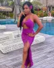 Magenta Halter Cut Out Ruched Slit Maxi Dress sold by Hot Miami Styles