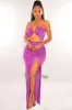Magenta Halter Cut Out Ruched Slit Maxi Dress sold by Hot Miami Styles