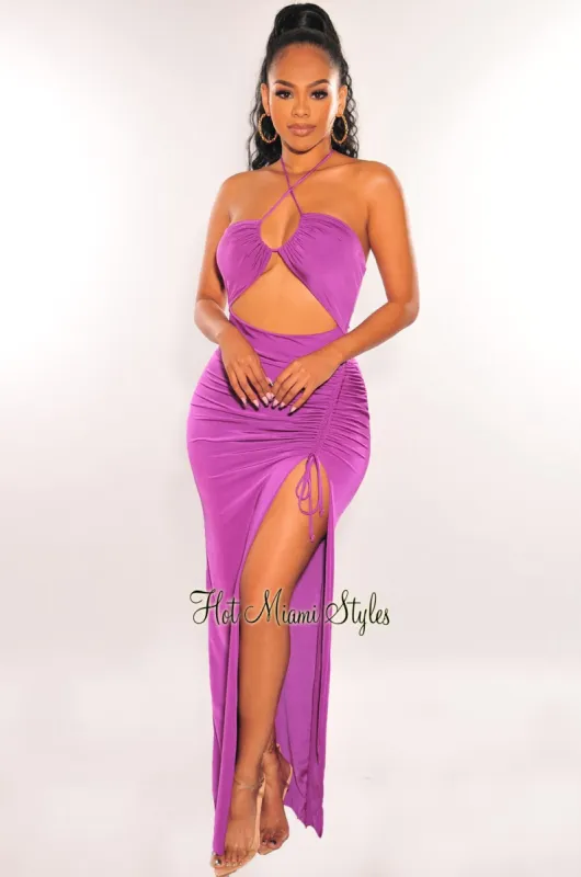 Magenta Halter Cut Out Ruched Slit Maxi Dress sold by Hot Miami Styles